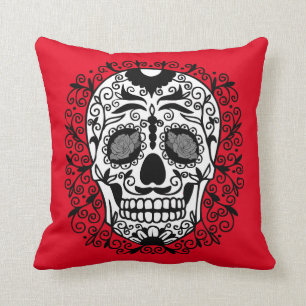 Black and White Sugar Skull With Rose Eyes Cushion