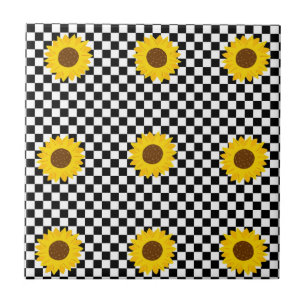 Black and White Sunflower Chequered Flower Pattern Ceramic Tile