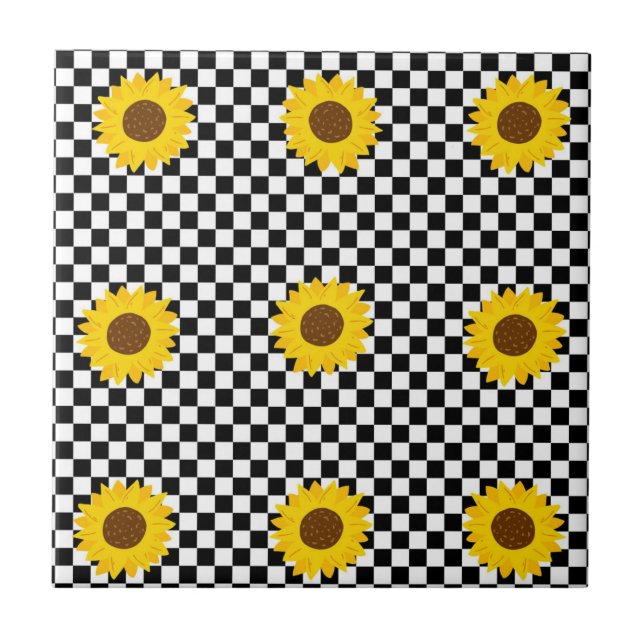 Black and White Sunflower Chequered Flower Pattern Ceramic Tile (Front)
