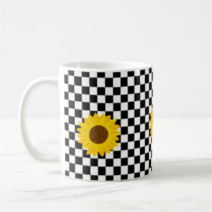 Black and White Sunflower Chequered Flower Pattern Coffee Mug