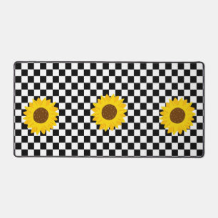 Black and White Sunflower Chequered Flower Pattern Desk Mat