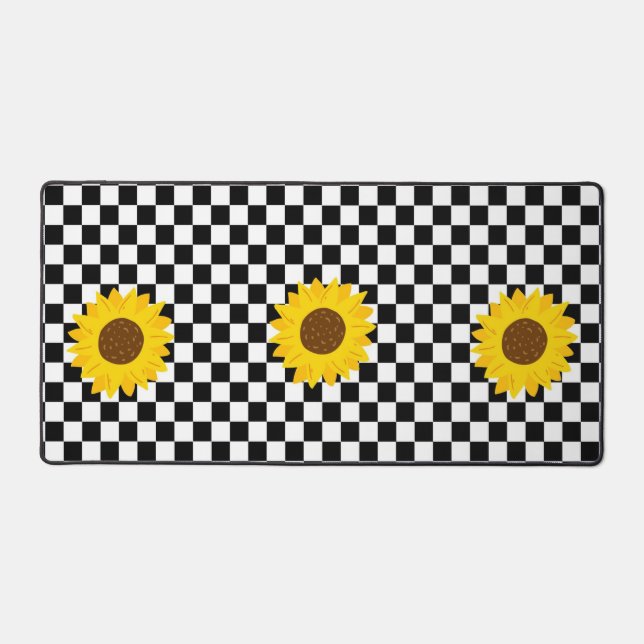 Black and White Sunflower Chequered Flower Pattern Desk Mat (Front)