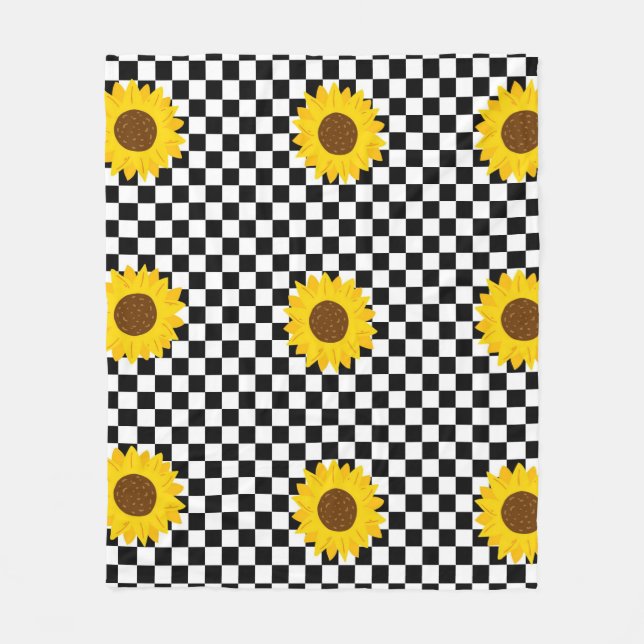 Black and White Sunflower Chequered Flower Pattern Fleece Blanket (Front)