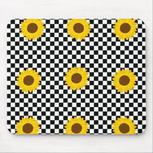 Black and White Sunflower Chequered Flower Pattern Mouse Pad