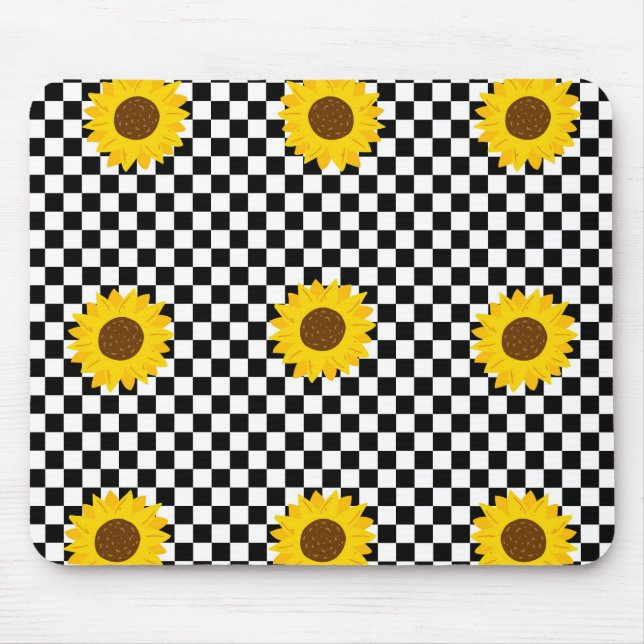 Black and White Sunflower Chequered Flower Pattern Mouse Pad (Front)