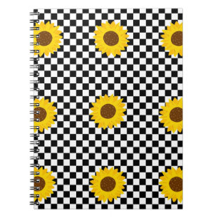 Black and White Sunflower Chequered Flower Pattern Notebook
