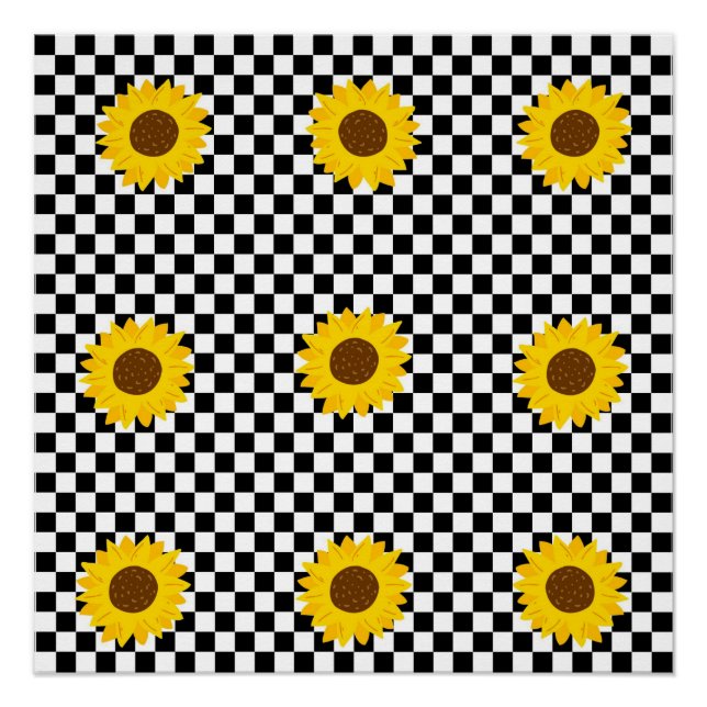 Black and White Sunflower Chequered Flower Pattern Poster (Front)