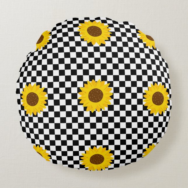Black and White Sunflower Chequered Flower Pattern Round Cushion (Front)