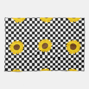 Black and White Sunflower Chequered Flower Pattern Tea Towel