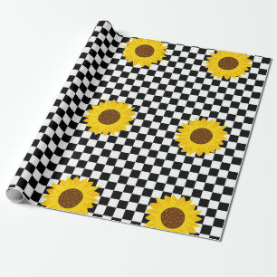Black and White Sunflower Chequered Flower Pattern Wrapping Paper
