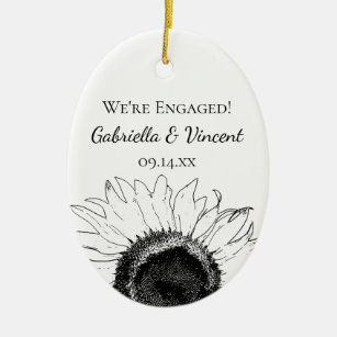 Black and White Sunflower Engagement Photo Ceramic Ornament