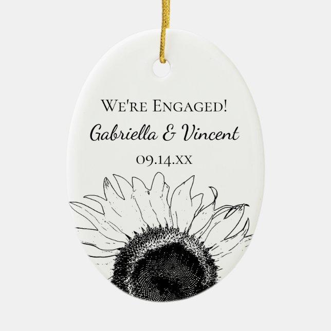 Black and White Sunflower Engagement Photo Ceramic Ornament (Front)