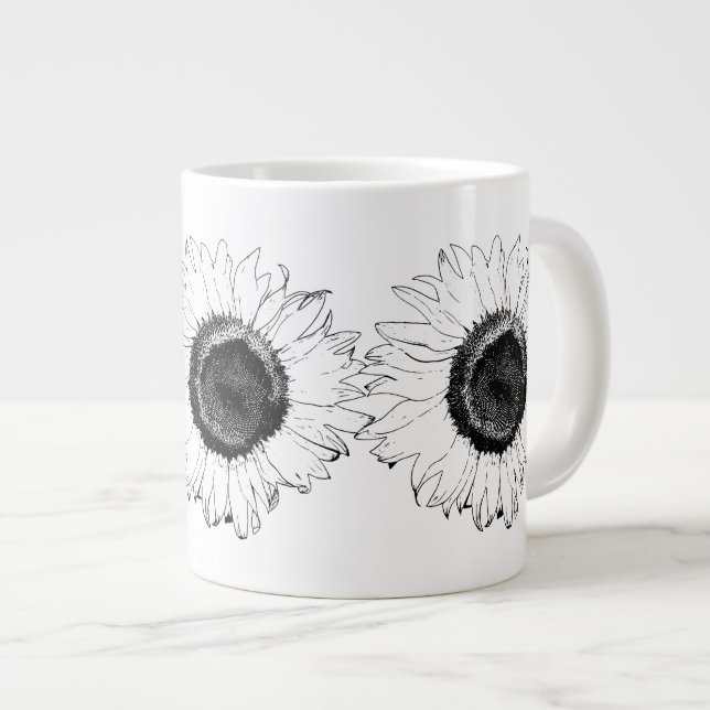Black and White Sunflower   Large Coffee Mug (Front Right)