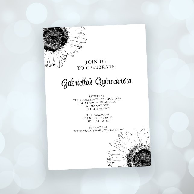 Black and White Sunflower Quinceanera Invitation (Creator Uploaded)
