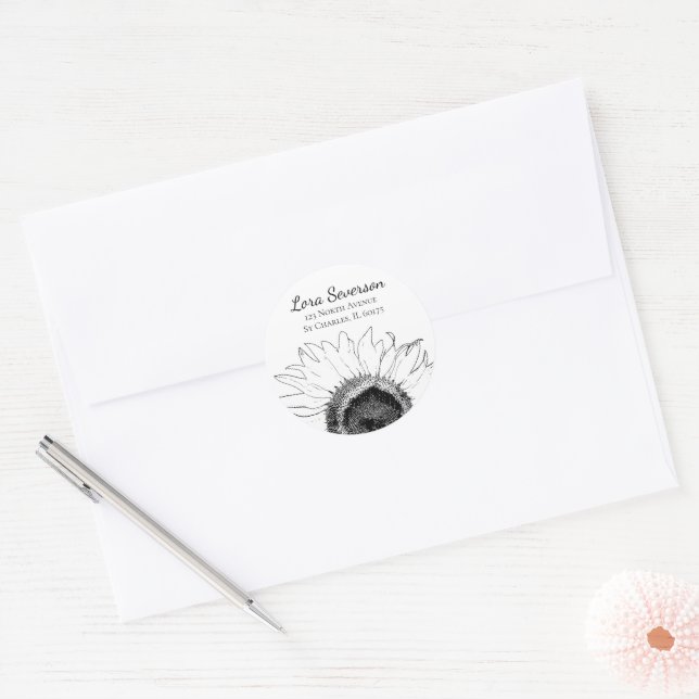 Black and White Sunflower Return Address Classic Round Sticker (Envelope)