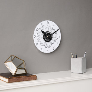 Black and White Sunflower  Round Clock