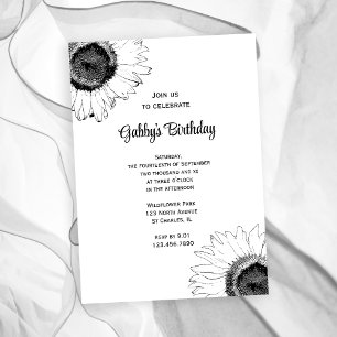 Black and White Sunflowers Birthday Party Invitation
