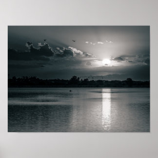 Black and White Sunset over a Calm Lake Poster
