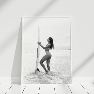 Black and White Surfer Girl on the Beach Poster