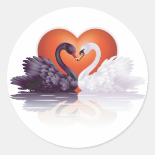 Black and White Swans in Love Heart Classic Round Sticker
