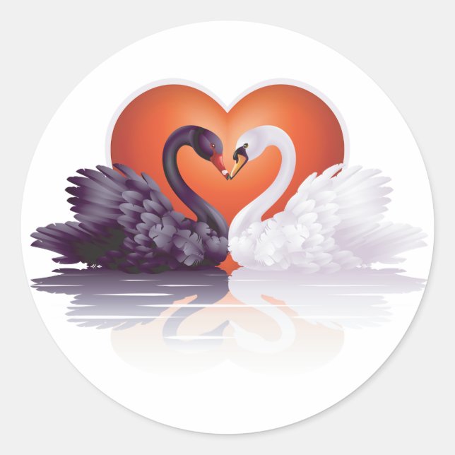 Black and White Swans in Love Heart Classic Round Sticker (Front)