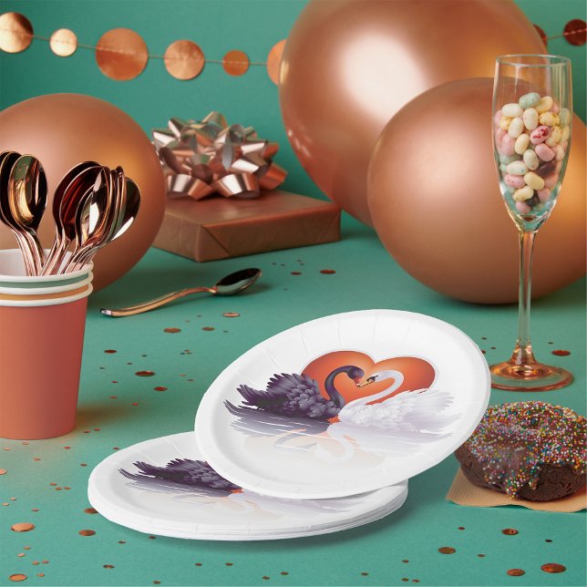 Black and White Swans in Love Heart Paper Plate (Creator Uploaded)