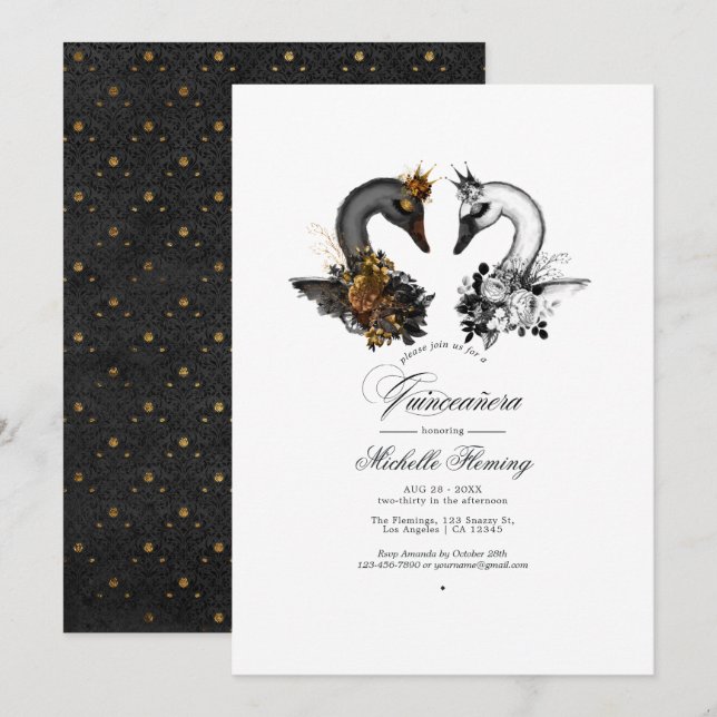 Black and White Swans Quinceañera Invitation (Front/Back)