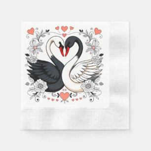 Black and White Swans Surrounded by Floral Designs Napkin