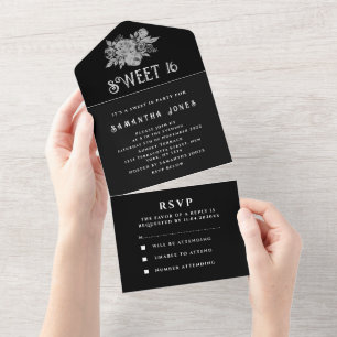 Black and White Sweet 16 Floral Sixteen  All In One Invitation