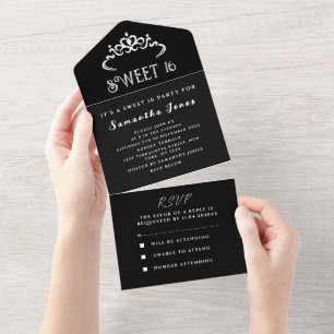 Black and White Sweet 16 Tiara Sixteen Modern All In One Invitation