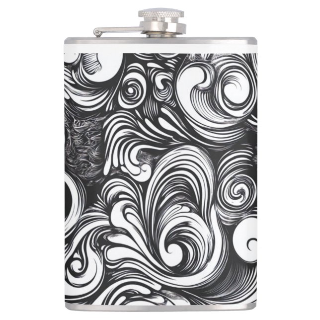 Black And White Swirl Pattern Hip Flask (Front)