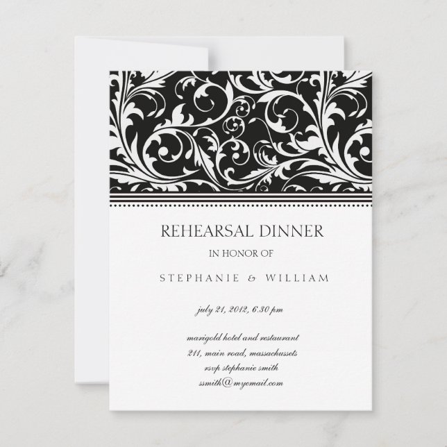 Black and White Swirl Rehearsal Dinner Card (Front)