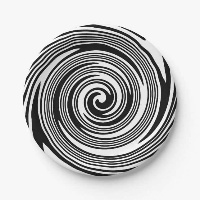 Black and white swirling pattern paper plate (Front)