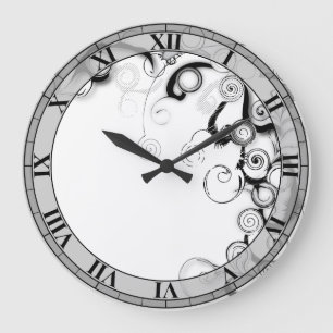 Black And White Swirls And Twirls Large Clock