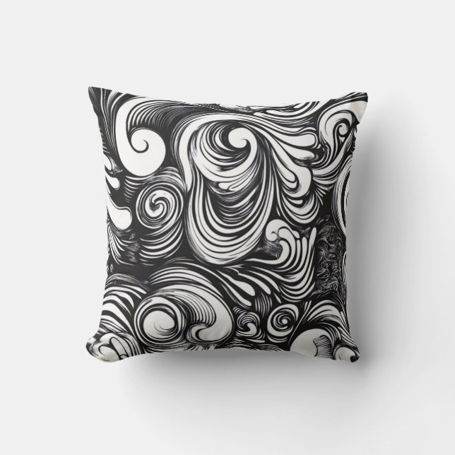 Black And White Swirls Pattern Cushion (Front)