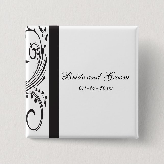 Black and White Swirls Wedding 15 Cm Square Badge (Front)