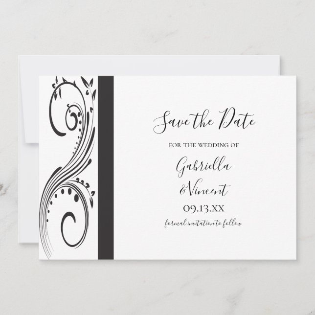 Black and White Swirls Wedding Save the Date Invitation (Front)
