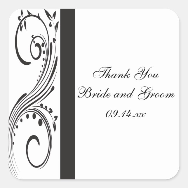 Black and White Swirls Wedding Thank You Favour Ta Square Sticker (Front)