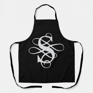 Black and White Swirly Flourish Initial Monogram Apron