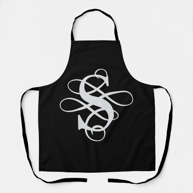 Black and White Swirly Flourish Initial Monogram Apron (Front)