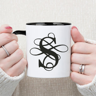 Black and White Swirly Flourish Initial Monogram Mug