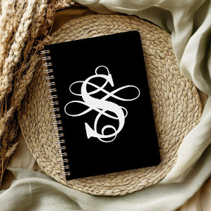 Black and White Swirly Flourish Initial Monogram Notebook