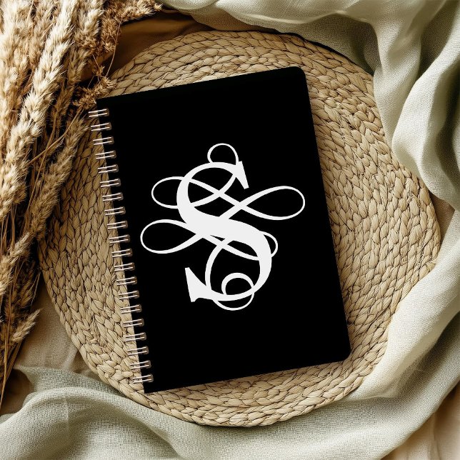 Black and White Swirly Flourish Initial Monogram Notebook (Creator Uploaded)