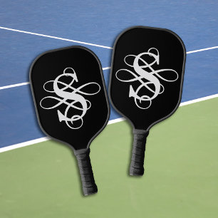 Black and White Swirly Flourish Initial Monogram Pickleball Paddle