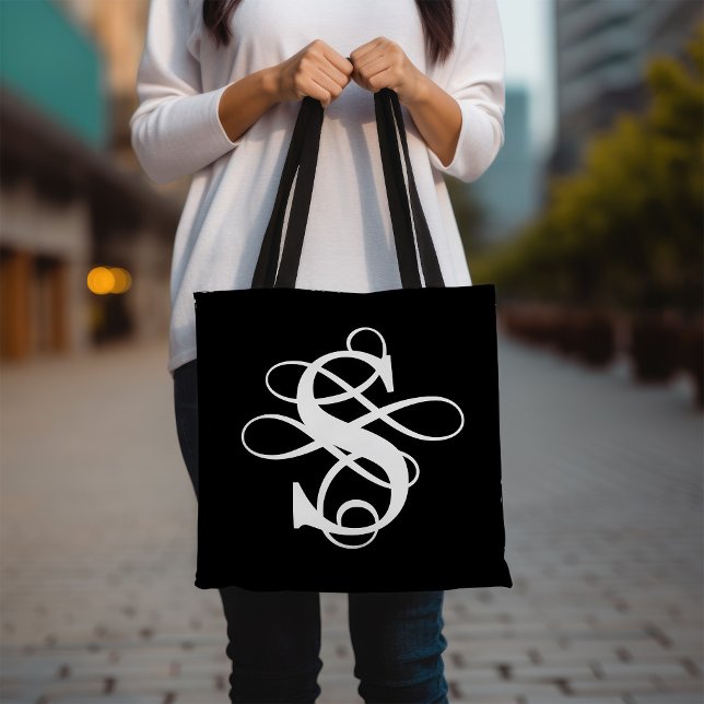 Black and White Swirly Flourish Initial Monogram Tote Bag (Creator Uploaded)