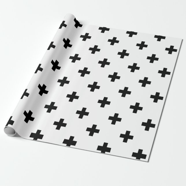 Black and White Swiss Cross Pattern Wrapping Paper (Unrolled)