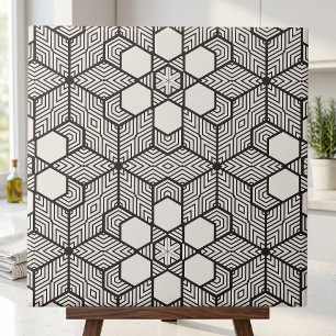 Black and White Symmetrical Geometric Mosaic Ceramic Tile