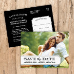 Black and White Tab Modern Photo Save the Date Announcement Postcard<br><div class="desc">Chic modern vintage photo postcard wedding Save the Date. Design features your engagement photo with an elegant simple tab frame overlay and space for your wedding date and bride and groom's names on the front. Stylish mix of traditional and script typography on the back side and a trendy vintage inspired...</div>