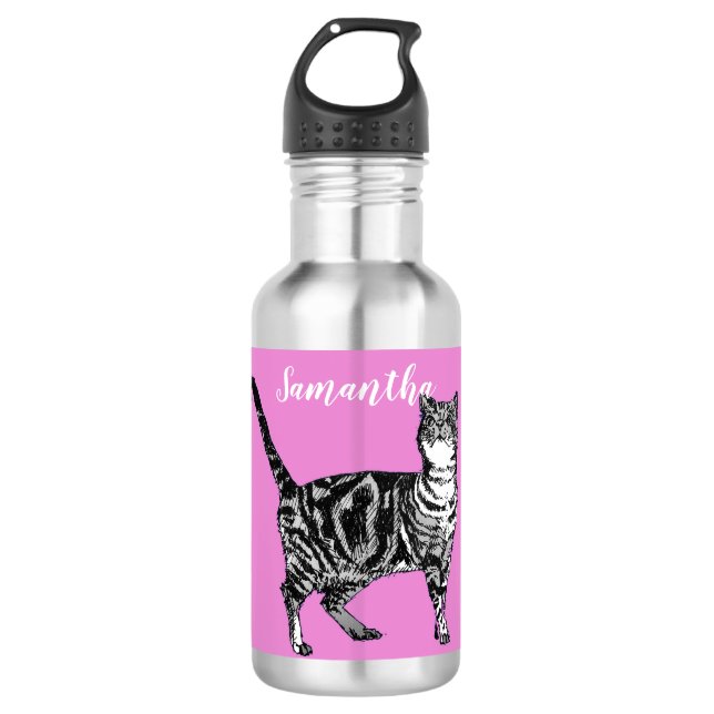 Black and White Tabby Cat Cats Pink Water Bottle (Front)