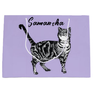 Black and White Tabby Cat Girls Name Purple  Large Gift Bag